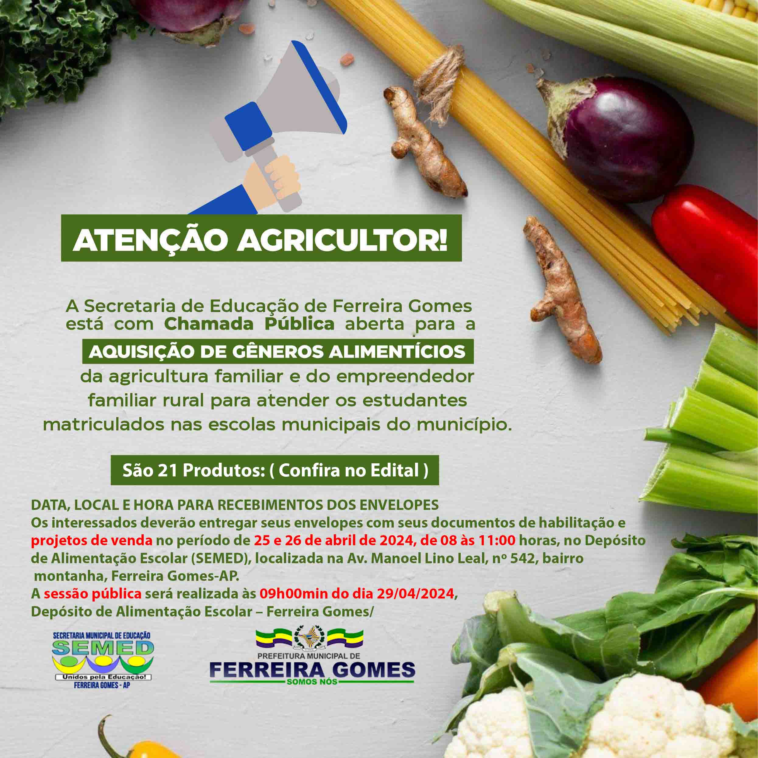 Prefeitura de Ferreira Gomes abre Chamada Pública de Agricultura Familiar para merenda escolar